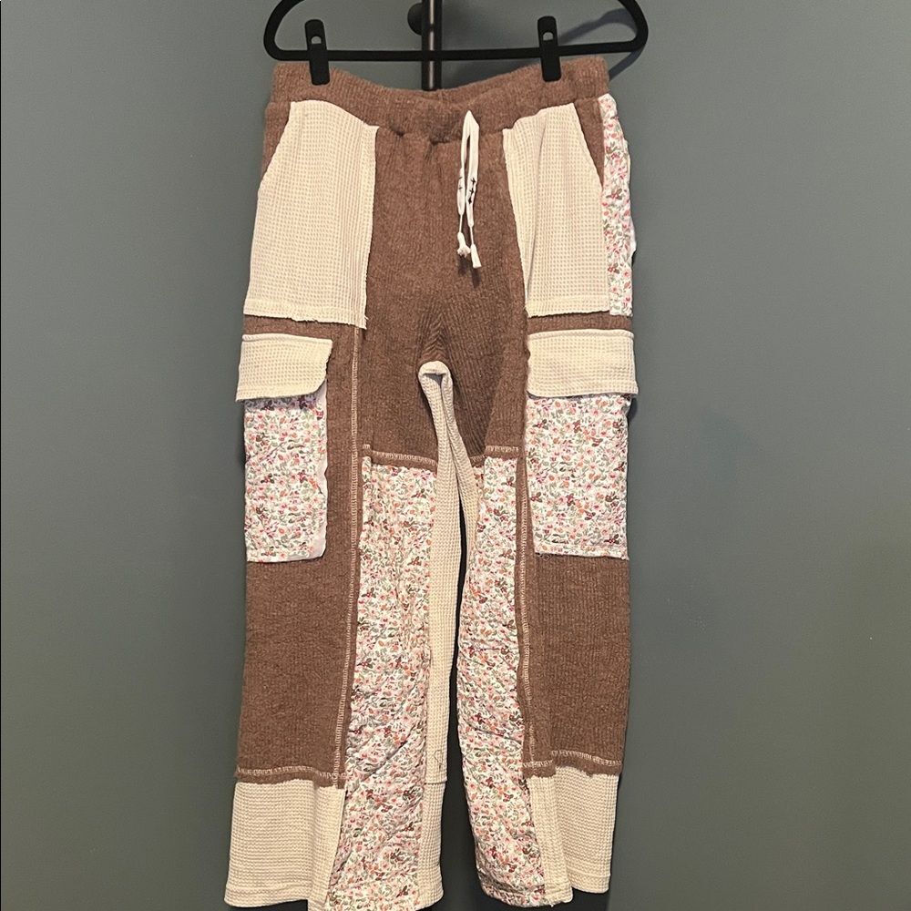 POL Tan Wide Leg Pants with floral accents